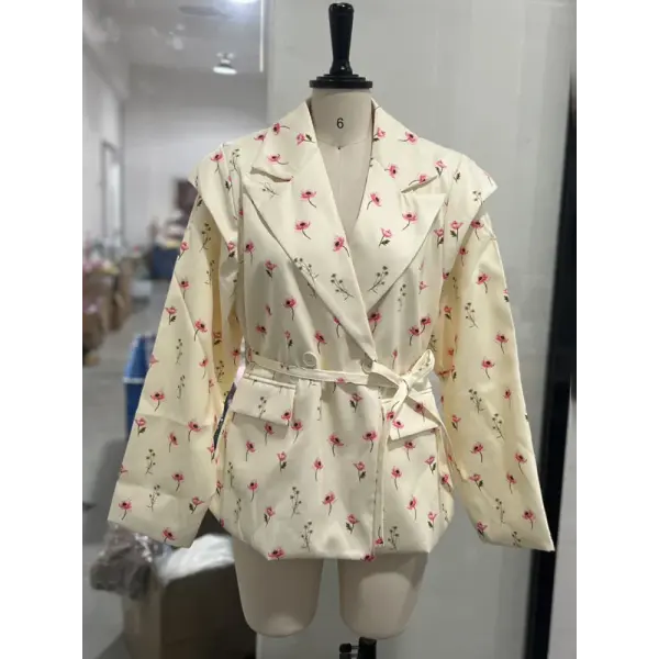 Women’s Lace-Up Shoulder Pad Blazer – Elegant Chic Loose Lapel Coat with Pockets - White Print / S