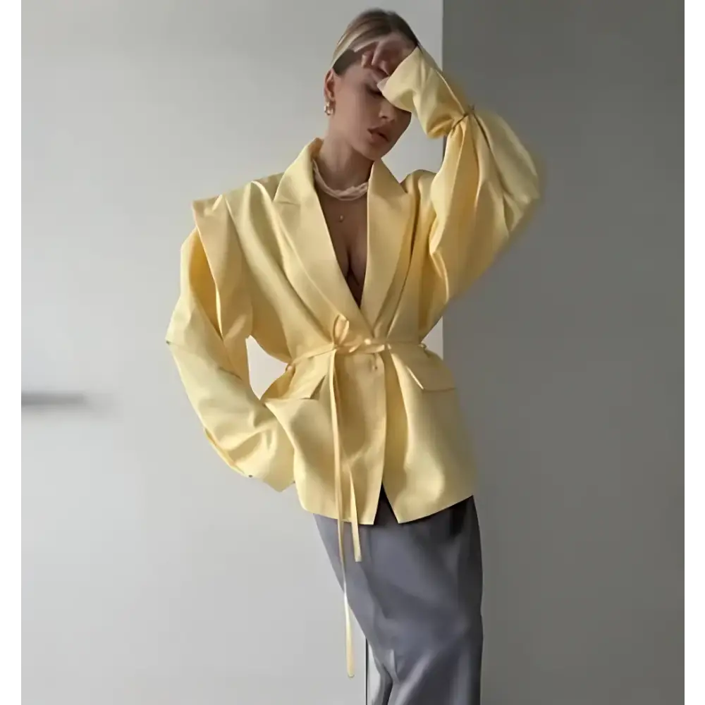 Talenza Lace Up Shoulder Pad Blazer Coat Women’s Lapel Button Long Sleeve Pockets Coats Female Elegant Chic Loose