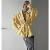 Talenza Lace Up Shoulder Pad Blazer Coat Women’s Lapel Button Long Sleeve Pockets Coats Female Elegant Chic Loose