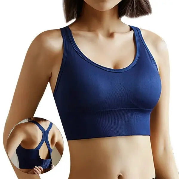 Women’s Push Up Sports Bra Crop Top - Hollow Breathable Corset Tank Top for Gym Fitness & Running - Navy bra / L