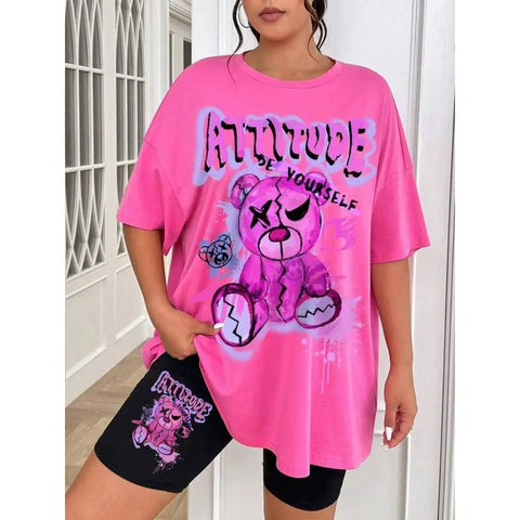 Teddy Bear T-Shirt Set: Streetwear Soft 2-Piece Set - Rose Red-Black / M