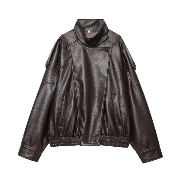 Black Faux Leather Jacket Oversized Autumn Winter Streetwear - Brown / S