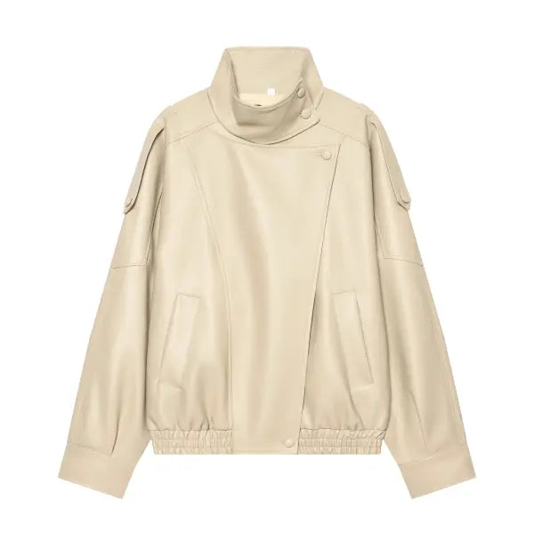 Black Faux Leather Jacket Oversized Autumn Winter Streetwear - Khaki / XS
