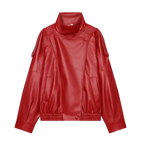 Black Faux Leather Jacket Oversized Autumn Winter Streetwear - Red / XS