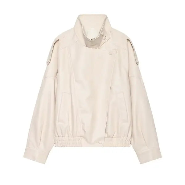 Black Faux Leather Jacket Oversized Autumn Winter Streetwear - Ivory / XS