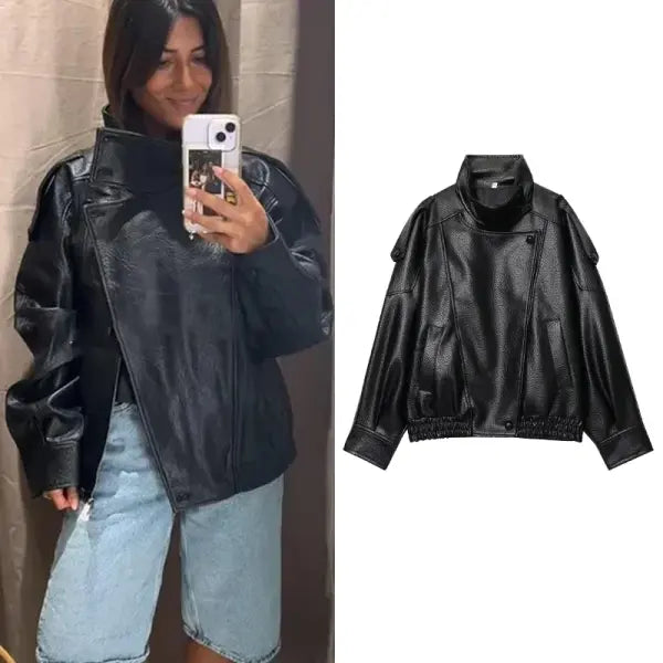 Black Faux Leather Jacket Oversized Autumn Winter Streetwear