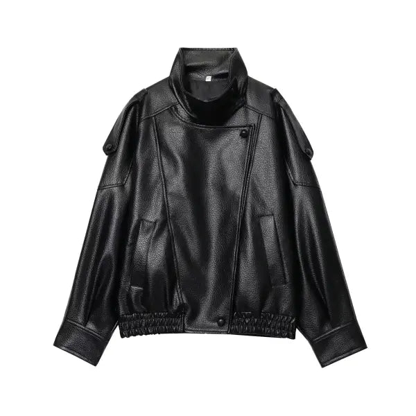 Black Faux Leather Jacket Oversized Autumn Winter Streetwear - black / L