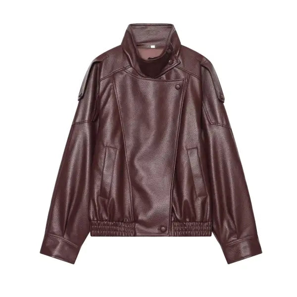 Black Faux Leather Jacket Oversized Autumn Winter Streetwear - Burgundy / XS