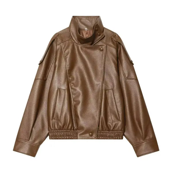 Black Faux Leather Jacket Oversized Autumn Winter Streetwear - Tuo Se / S