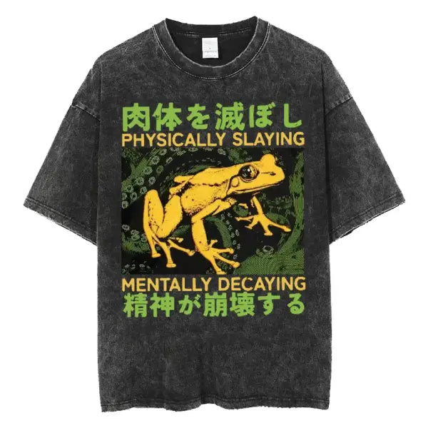 The Horrors Are Never Ending Yet I Remain Silly T-shirt Funny Japanese Style Frog Retro Washed T Shirt Men’s Oversized