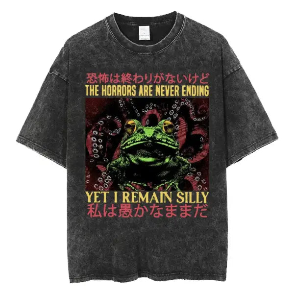 The Horrors Are Never Ending Yet I Remain Silly T-shirt Funny Japanese Style Frog Retro Washed T Shirt Men’s Oversized