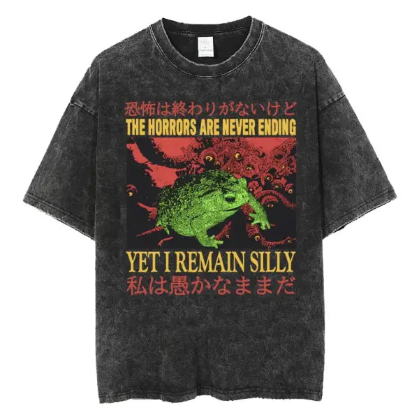 The Horrors Are Never Ending Yet I Remain Silly T-shirt Funny Japanese Style Frog Retro Washed T Shirt Men’s Oversized