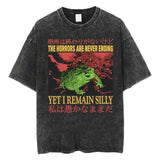 The Horrors Are Never Ending Yet I Remain Silly T-shirt Funny Japanese Style Frog Retro Washed T Shirt Men’s Oversized