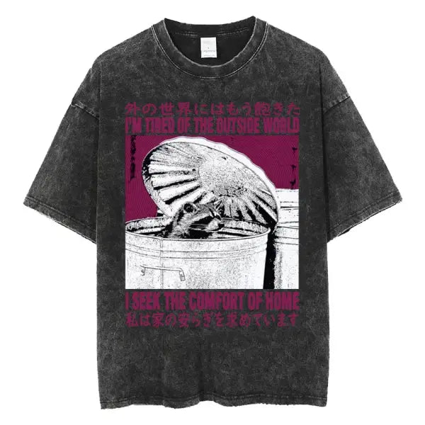The Horrors Are Never Ending Yet I Remain Silly T-shirt Funny Japanese Style Frog Retro Washed T Shirt Men’s Oversized