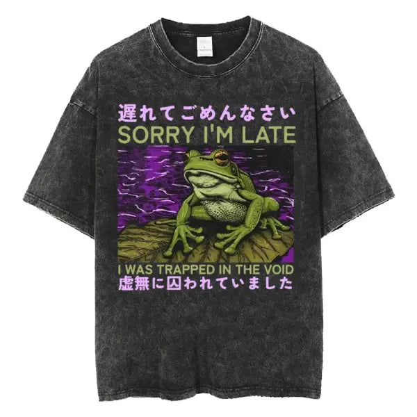 The Horrors Are Never Ending Yet I Remain Silly T-shirt Funny Japanese Style Frog Retro Washed T Shirt Men’s Oversized