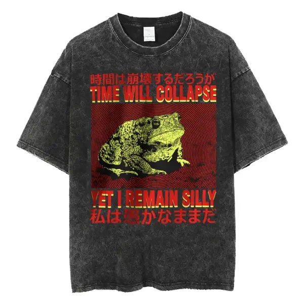 The Horrors Are Never Ending Yet I Remain Silly T-shirt Funny Japanese Style Frog Retro Washed T Shirt Men’s Oversized