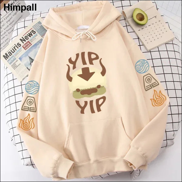 The Last Airbender Appa YIP Letter Print Hoodie for Men and Women - khakiYIP / S