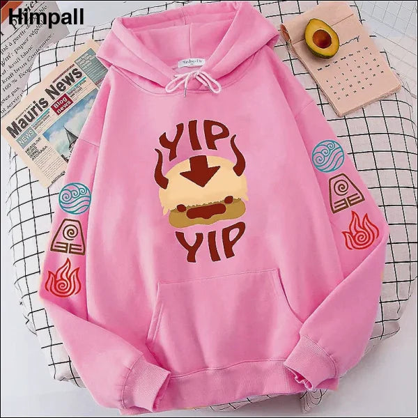 The Last Airbender Appa YIP Letter Print Hoodie for Men and Women - pinkYIP / L