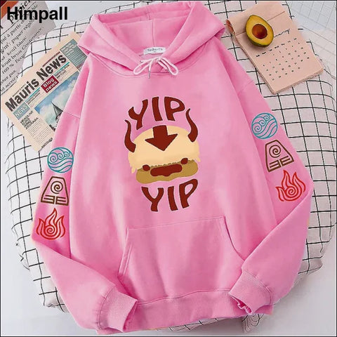 The Last Airbender Appa YIP Letter Print Hoodie for Men and Women - pinkYIP / L