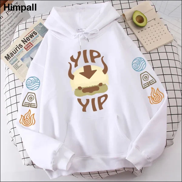 The Last Airbender Appa YIP Letter Print Hoodie for Men and Women - whiteYIP / XXL