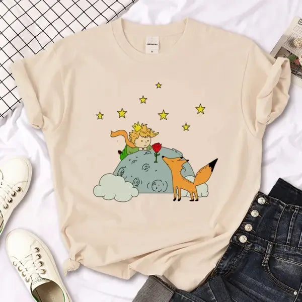 The Little Prince Graphic Tee - Kawaii Harajuku Women’s T-Shirt 2000s Aesthetic Print Top - BJ1020-8-Khaki / XXXL