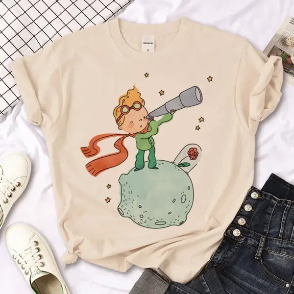 The Little Prince Graphic Tee - Kawaii Harajuku Women’s T-Shirt 2000s Aesthetic Print Top - BJ1020-2-Khaki / XXXL