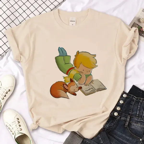 The Little Prince Graphic Tee - Kawaii Harajuku Women’s T-Shirt 2000s Aesthetic Print Top - BJ1020-10-Khaki / XXXL