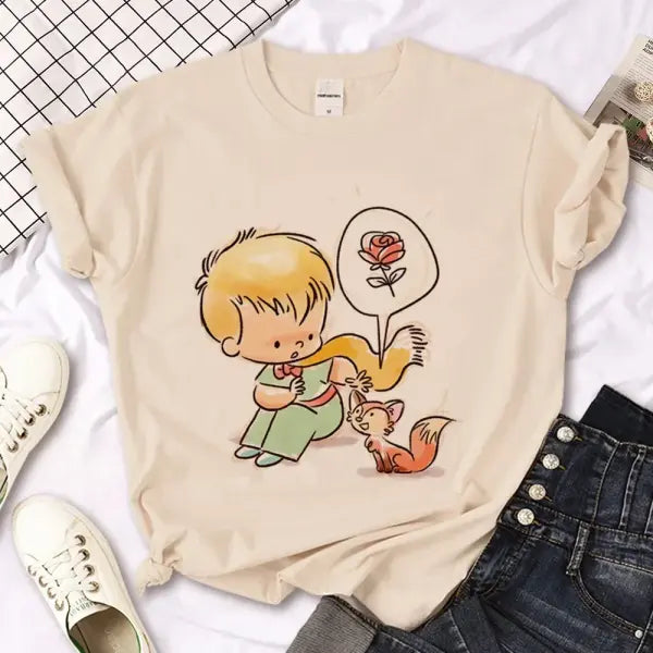 The Little Prince Graphic Tee - Kawaii Harajuku Women’s T-Shirt 2000s Aesthetic Print Top - BJ1020-12-Khaki / XXXL