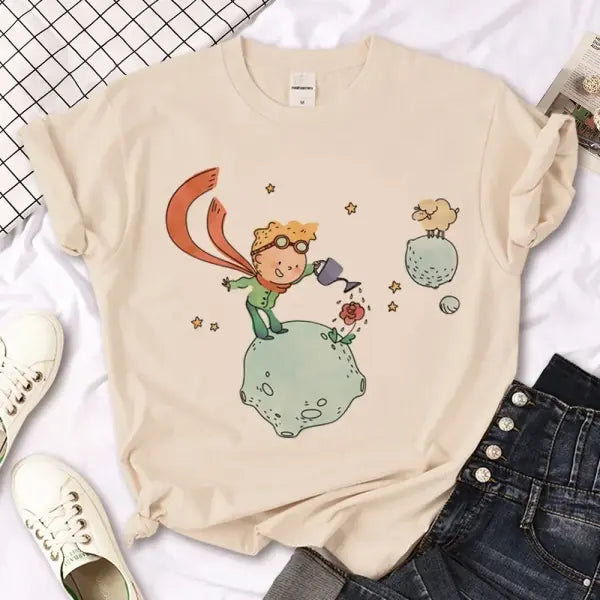 The Little Prince Graphic Tee - Kawaii Harajuku Women’s T-Shirt 2000s Aesthetic Print Top - BJ1020-3-Khaki / XXXL