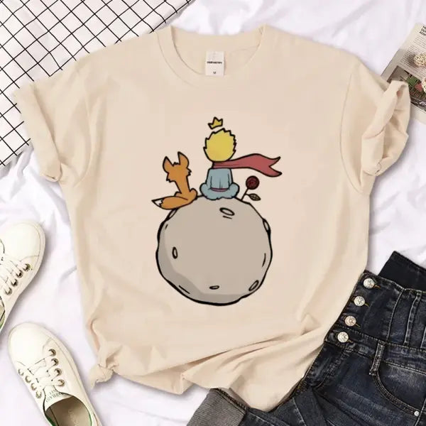 The Little Prince Graphic Tee - Kawaii Harajuku Women’s T-Shirt 2000s Aesthetic Print Top - BJ1020-4-Khaki / XXL