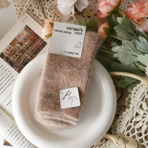 Thick Rabbit Hair & Cashmere Wool Women Winter Socks - Khaki / One Size