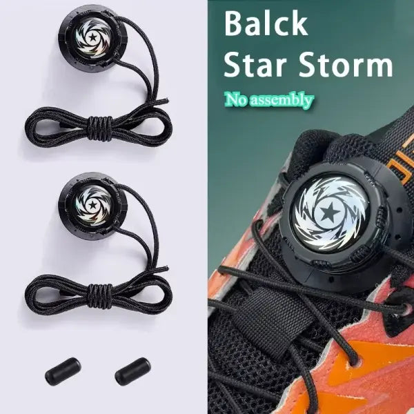 Upgraded Thick Rope Shoelaces: Automatic Swivel Buckle No-Tie Laces for Kids & Adults - Black Star Storm