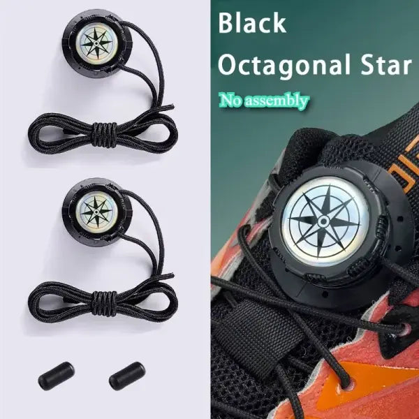 Upgraded Thick Rope Shoelaces: Automatic Swivel Buckle No-Tie Laces for Kids & Adults - Black Octagonal Star