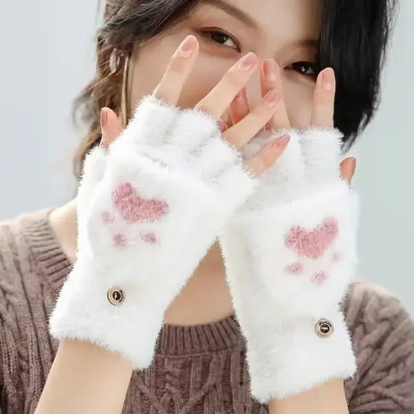 Women’s Plush Cat Paw Gloves – Cute Fingerless Winter Mittens Soft Warm Fuzzy Half-Finger Gloves for Girls