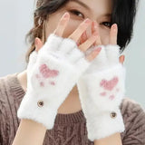 Women’s Plush Cat Paw Gloves – Cute Fingerless Winter Mittens Soft Warm Fuzzy Half-Finger Gloves for Girls