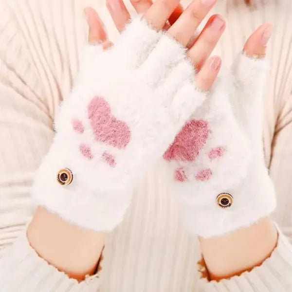 Women’s Plush Cat Paw Gloves – Cute Fingerless Winter Mittens Soft Warm Fuzzy Half-Finger Gloves for Girls - white