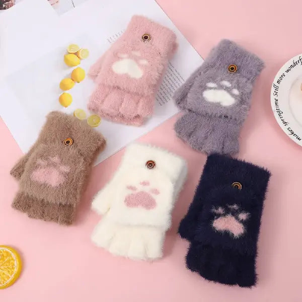 Women’s Plush Cat Paw Gloves – Cute Fingerless Winter Mittens Soft Warm Fuzzy Half-Finger Gloves for Girls