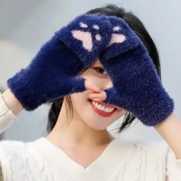 Women’s Plush Cat Paw Gloves – Cute Fingerless Winter Mittens Soft Warm Fuzzy Half-Finger Gloves for Girls
