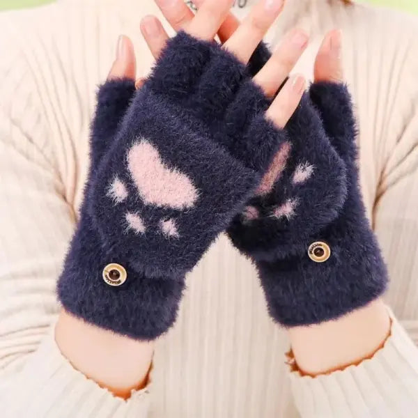 Women’s Plush Cat Paw Gloves – Cute Fingerless Winter Mittens Soft Warm Fuzzy Half-Finger Gloves for Girls - navy blue