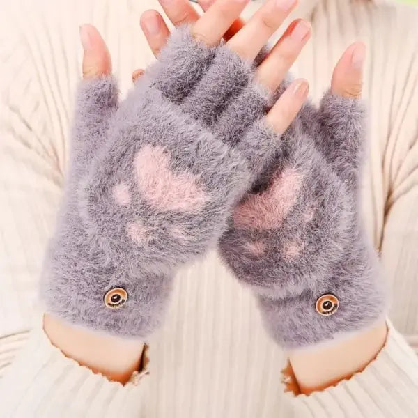 Women’s Plush Cat Paw Gloves – Cute Fingerless Winter Mittens Soft Warm Fuzzy Half-Finger Gloves for Girls - gray