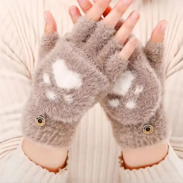 Women’s Plush Cat Paw Gloves – Cute Fingerless Winter Mittens Soft Warm Fuzzy Half-Finger Gloves for Girls - coffee