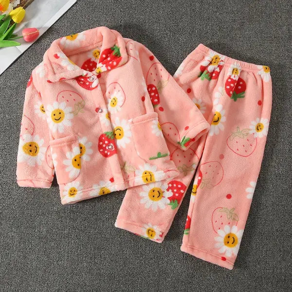 Children’s Thickened Flannel Pajama Set: Warm Winter Cardigan Sleepwear for Boys & Girls - Pink caomeitu / 80cm(0-24M)