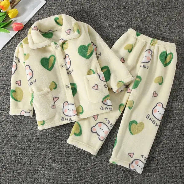 Children’s Thickened Flannel Pajama Set: Warm Winter Cardigan Sleepwear for Boys & Girls - Green baobeixion