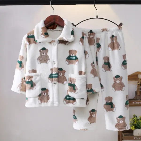 Children’s Thickened Flannel Pajama Set: Warm Winter Cardigan Sleepwear for Boys & Girls - White baixion / 150cm(10-12T)