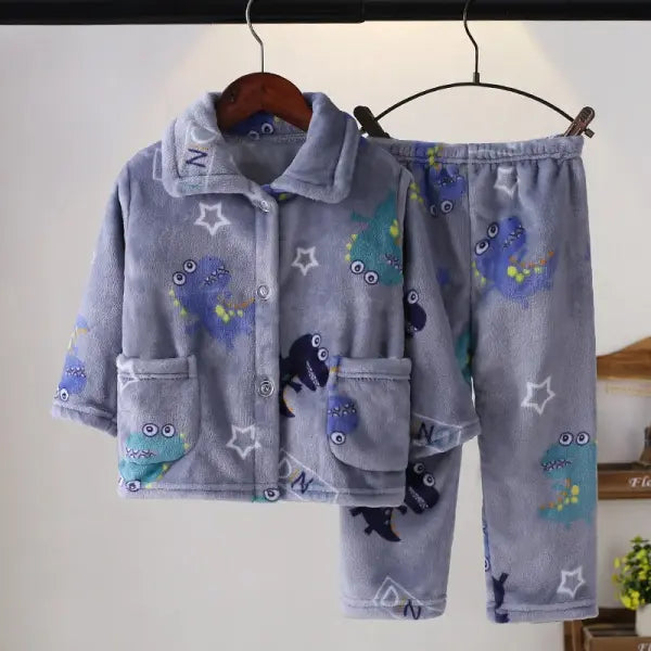 Children’s Thickened Flannel Pajama Set: Warm Winter Cardigan Sleepwear for Boys & Girls - Gray konglong / 130cm(6-7T)
