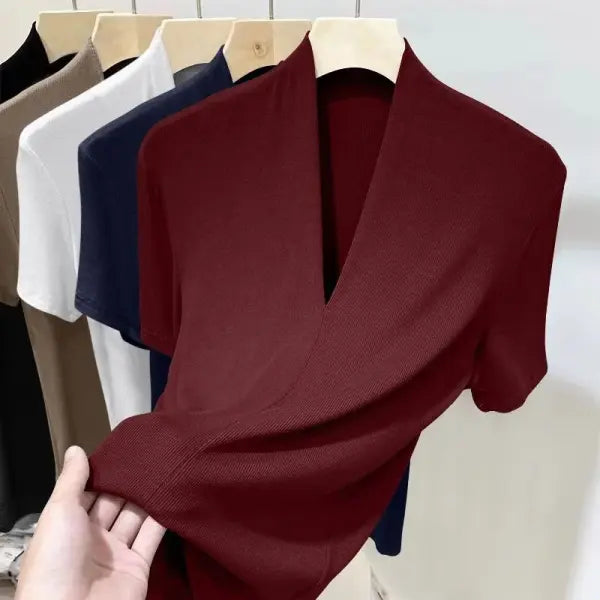 Women Korean V Neck Summer Tee to Cultivate One’s Moral Character - 292 Burgundy / XL / CHINA
