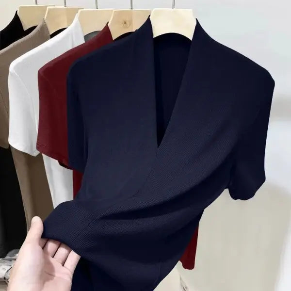 Women Korean V Neck Summer Tee to Cultivate One’s Moral Character - 292 Navy Blue / M / CHINA