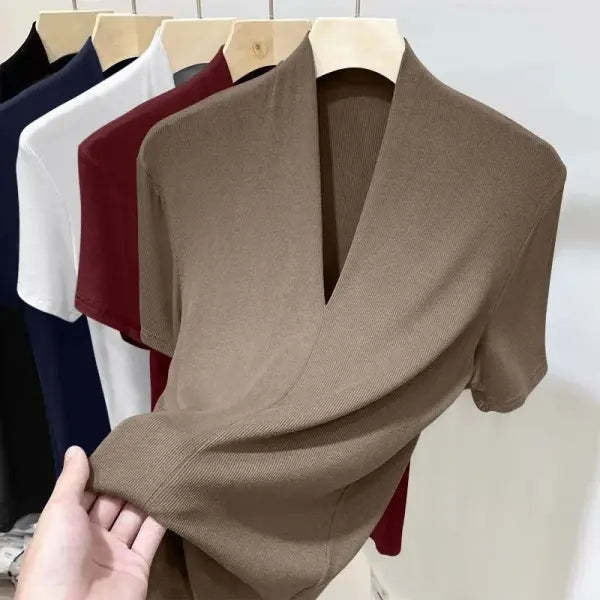 Women Summer V Neck Slim Fit Top Cultivate One’s Moral Character - 292 Light Coffee / M