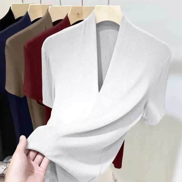 Women Korean V Neck Summer Tee to Cultivate One’s Moral Character - 292 WHITE / L / CHINA