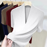 Women Korean V Neck Summer Tee to Cultivate One’s Moral Character - 292 WHITE / L / CHINA